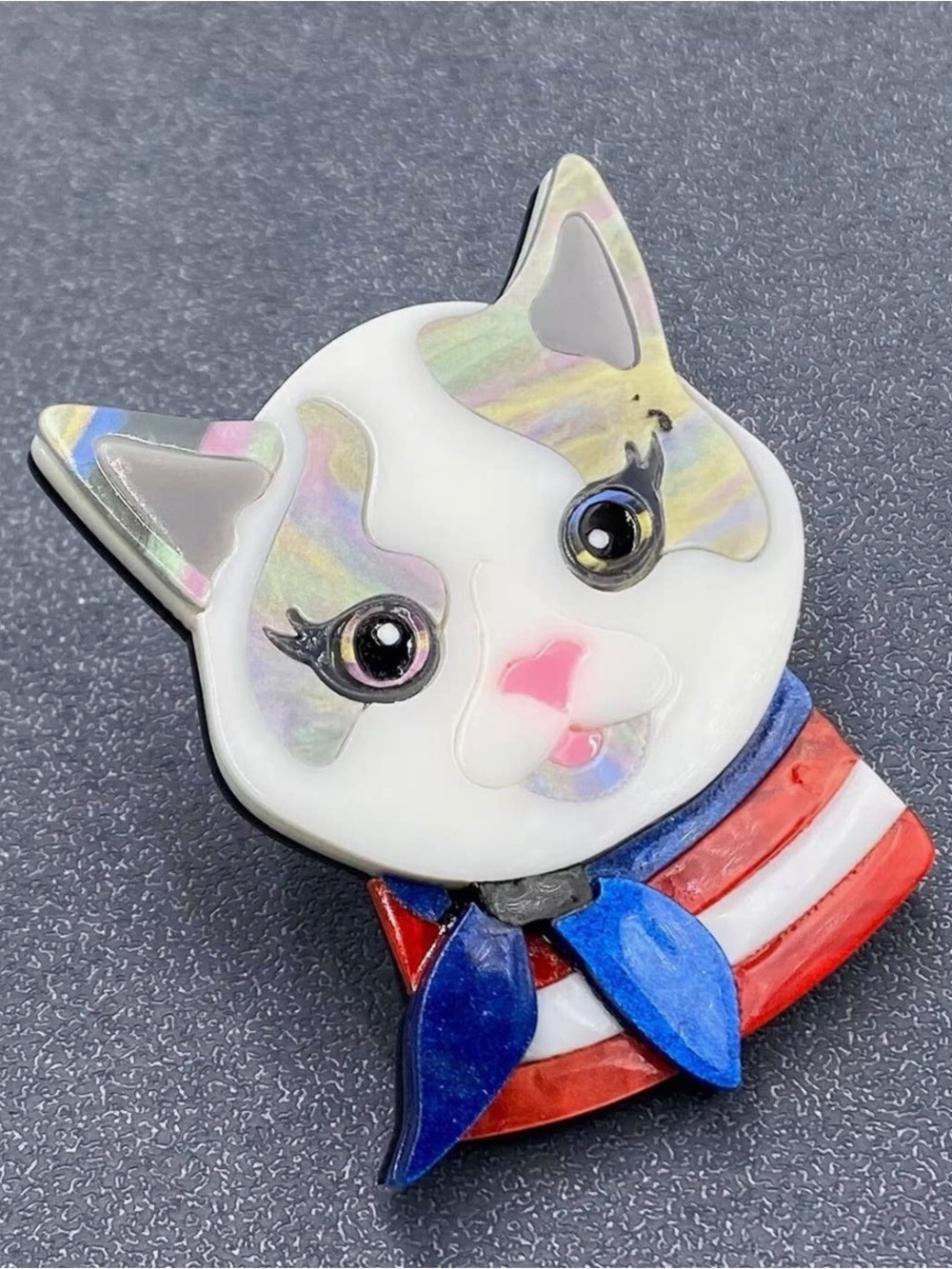 Cat with Scarf Acrylic Brooch | Cat Lover Pin | Whimsical Animal Jewelry - Picture 2 of 4